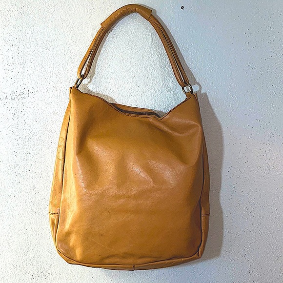 Tan Leather Hobo Shoulder Bag Slouchy Soft Large Tote Zip Front Pocket Everyday - Picture 11 of 14